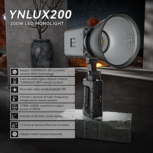 Image of YONGNUO YNLUX200 200W LED Video Light, Handheld Continuous Output Lighting, with Bowens Mount, 2700-6500K Bi-Color, CRI96+ 2.4G Wireless Remote, for Portrait Wedding Outdoor Shooting YouTube Videos