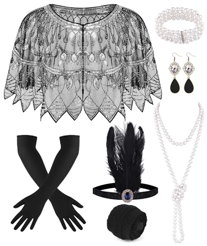 PLULON 8 Pcs 1920s Flapper Accessories Set for Women Great Gatsby Dresses Sequin Shawl Wraps Roaring 20s Dresses for Party with Feather Headband