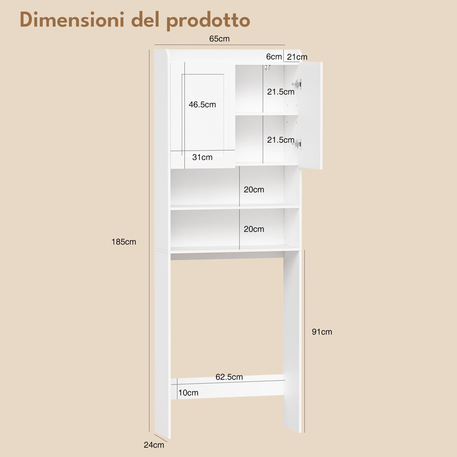 BEWISHOME Mobile per Lavatrice,Mobile Alto da Bagno da Installare Sopra Lavatrice,WC o Asciugatrice,con 2 Ante,2 Vani Aperti,Ripiani Regolabili,Mobile da Bagno salvaspazio,185×65×24 cm,Bianco EYYG19W