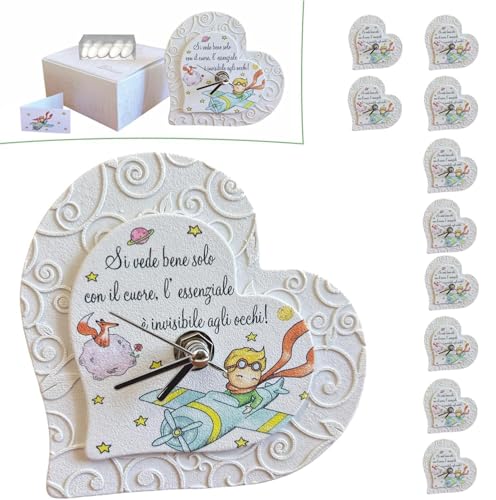 Regalami.Shop Set di 10 bomboniere Orologio con Piccolo Principe in Marmo di Carrara ricomposto, Completo di Scatola, bigliettino Coordinato e scatolina Porta Confetti (10, Cuore)