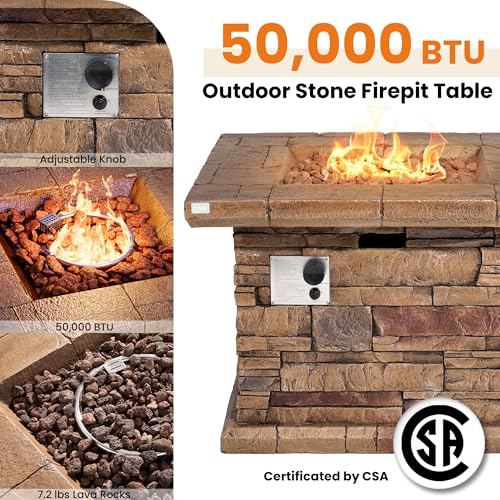 HOMPUS Outdoor Propane Fire Pit Table 32-inch Imitation Stone Square Concrete Propane Fire Pit with Lava Rocks and Rain Cover 50,000 BTU Gas Smokeless Fire Pits for Outside Patio,Garden, CSA Certified