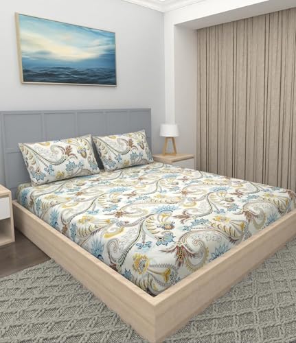 Image of Blue Strip 300 TC Cotton Feel Glace Cotton Elastic Fitted Printed King Size Double Bed Bedsheet with 2 Pillow Covers Fits Upto 9 inches,Size- 72x78x10 Inches