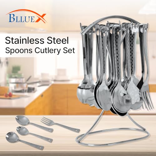 Image of Premium Stainless Steel, 25-Piece Cutlery Set for Kitchen & Table (6 Dessert Table Spoons, 6 Forks, 6 Tea Spoons, 6 Soup Spoons, 1 Storage Stand) (25, Silver)