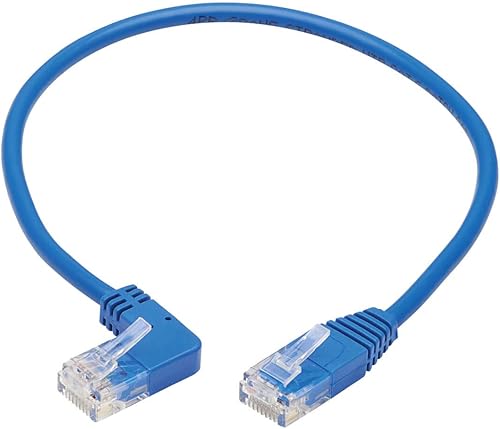 Miniatura 2 de Tripp Lite Cable Ethernet Cat6 en ángulo izquierdo, Cable de conexión de red UTP delgado moldeado Gigabit, azul, 1 pie (N204-S01-BL-LA)