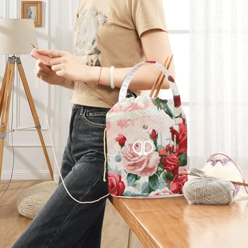 Image of Tatenale Crochet Bag Yarn Bag Knitting Project Bag with Pockets and Handle Portable Yarn Storage Organizer Tangle Free 8.3x11 InchPatriotic Red Roses and Hummingbirds38