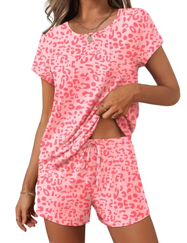 Image of Ekouaer Women 2 Piece Pajamas Set Short Sleeve Comfy Lounge Set Round Neck Tops and Shorts Pjs with Pockets