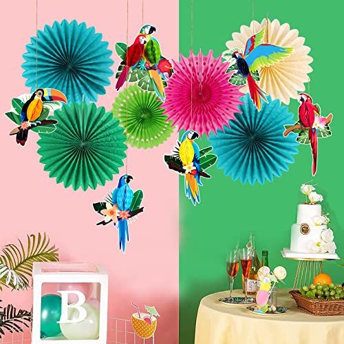 Image of Paper Jazz Tropical Parrot Party Decorations Hawaii Luau Hanging Paper Fans | Green Teal Color, Jungle /Tiki /Hawaii Birthday Decoration Includes 12Pcs Fans & Poms For Beach Summer Party, Luau Theme Party