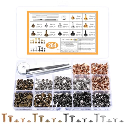 264 Pcs Remaches para Cuero, Remaches de Cuero de Doble Tapa, Cierre de Botón para Ropa DIY Cueros Artesanía Sombreros Jeans Zapatos, con Herramientas de Fijación Alicates(6/8/12 mm, 4 Colores)