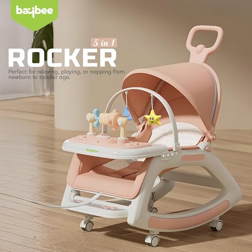 Image of Baybee 5 in 1 Baby Rocker for Babies | Portable Rocking Chair for Kids with Parent Handle, Multi Position Recline, Tray & Music | Baby Bouncers 0 to 3 Years Boys Girls (Pink)