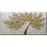 Asdam Art 100% Hand Painted 3D Paintings On Canvas Ready to Hang White Gold Flower Oil Paintings Abstract Landscape Artwork Tree Wall Art for Living Room Bedroom (20X40 inch)