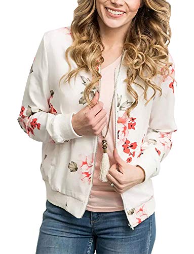 Bomber Jacket for Women Fall Floral Printed Short Baseball Biker Flight Bomber Jacket Coat(White, Small)