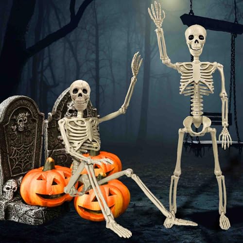 Image of 36 inch Skeleton Halloween Decorations, 3ft Life Size Human Skeleton with Full Body Movable Posable Joints Skeleton, Halloween Skeletons with 20 Spiders for Yard Haunted House Props Indoor Outdoor Decor