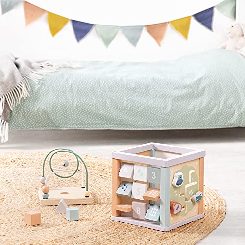 Navaris Cube d'activité en Bois – pour Enfants de Plus de 18 Mois – 5 activités d’éveil en 1 – Jeux éducatifs boulier Labyrinthe Heure