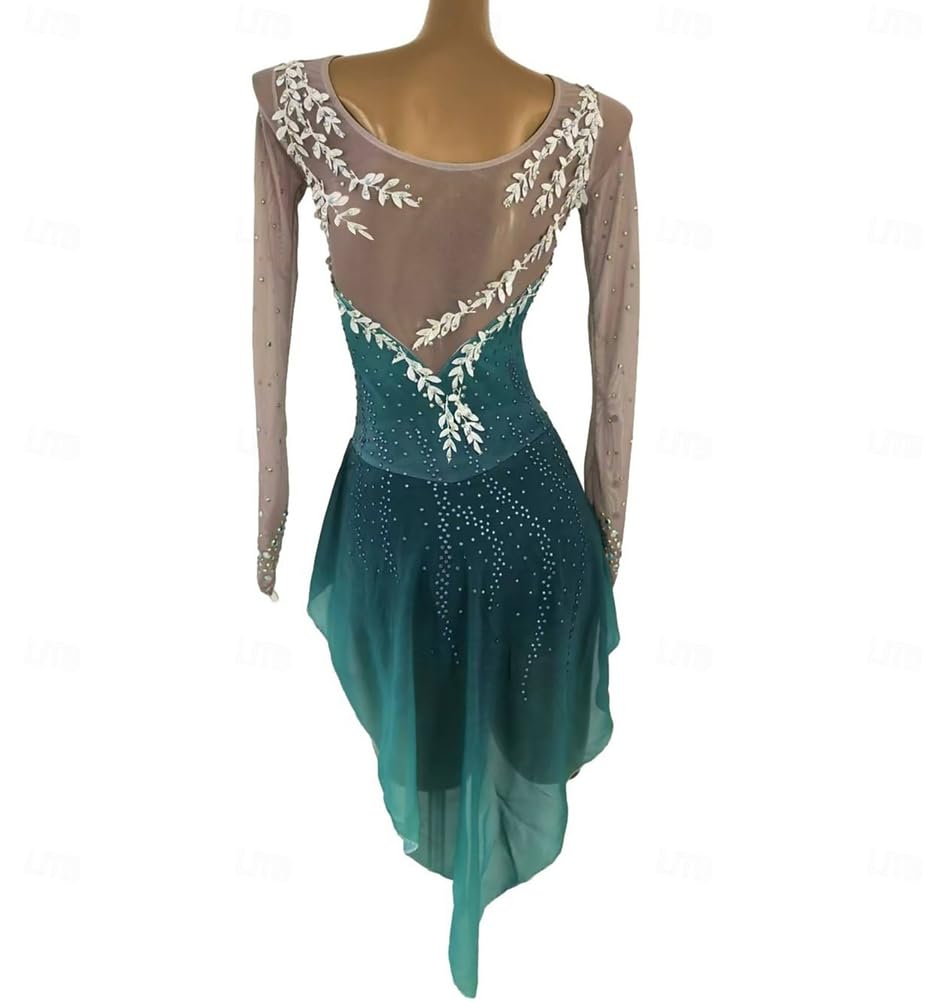Eiskunstlaufanzüge für Damen und Mädchen, grün gefärbter Stoff, elastisches Material, professionelle Wettkampf-Eiskunstlaufanzüge, langärmlige Oberteile mit Kristallverzierungen