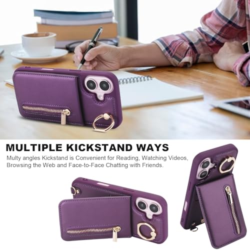 Jcxtrombulous Crossbody Wallet Case for iPhone 16 with Lanyard Strap Card Slot Holder RFID Blocking Ring Kickstand,Magnetic Flip Folio Zipper Purse Case, PU Leather Cover Handbag,Deep Purple by Jcxtrombulous - Used condition - Image 6