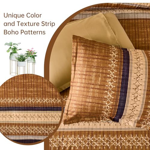 Image of Dintszyayue Boho King Comforter Size Set, 8 Pieces Striped Texture Gold Purple Bed in a Bag Sets, Lightweight Soft Bohemian Comforter and Sheet Set, All Season Microfiber Bedding Sets for Men Women