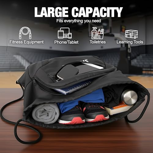 Image of Spalding Basketball Sackpack Drawstring Sports Bag, Large Black Backpack fits Ball and Gym Sports Equipment, Gift for Basketball Players