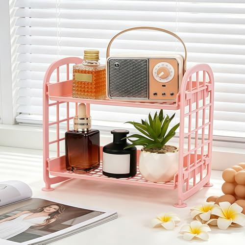 Image of 2 Pcs Desktop Rack Cosmetic Stationery Storage Holder, 2-Tier Multifunctional Plastic Shelf Makeup Organizer for Skincare Office Kitchen Bedroom Bathroom Home (Pink + White)