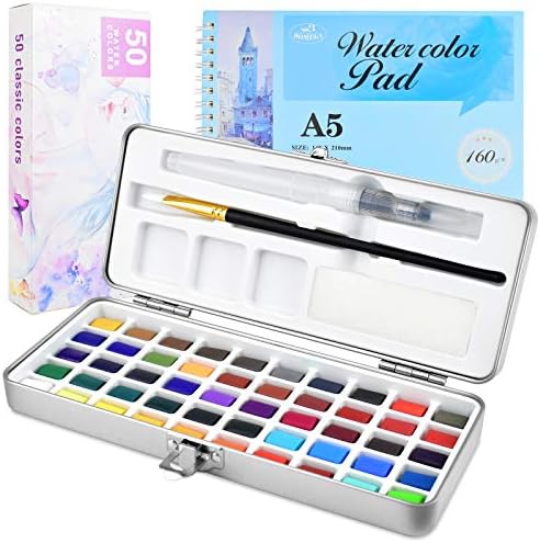 PACETAP Watercolor Painting Set, 50 Vibrant Colors Gouache Watercolor Kit with 24-Sheet 160g Sketchpad, Water Brush within Metal Box for Children and Adults