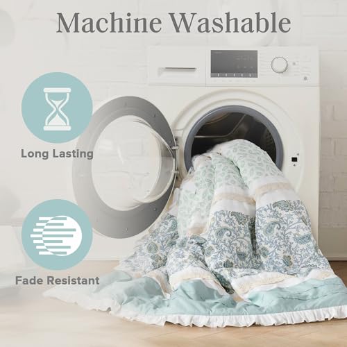 Madison Park Dawn 100% Cotton Shabby Chic Comforter Set-Modern Cottage Design All Season Down Alternative Bedding, Matching Shams, Bedskirt, Decorative Pillows, Queen(90"x90"), Aqua 9 Piece ,