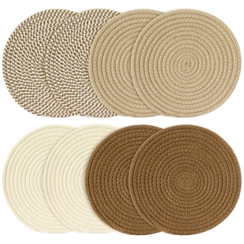 8 Inch Cotton Rope Trivets for Hot Dishes Set of 8 Heat Resistant Mats for Countertop Potholders for Kitchens Trivets for Hot Pots and Pans and Quartz Countertops Farmhouse Kitchen Décor, Mixed Brown