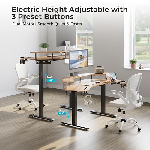 Image of EUREKA ERGONOMIC Standing Gaming Desk with Dual Motor,63 inch Wing Shaped Computer Desk w Mouse Pad, Electric Adjustable Height Table w LED Monitor Stands,Slot Design,Walnut