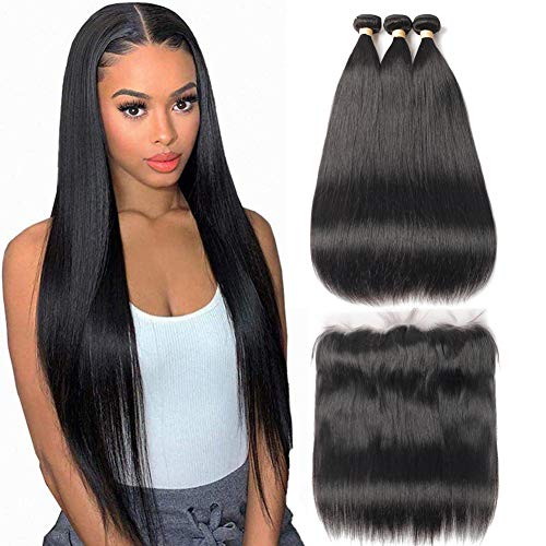 18 20 22 Bundles with Frontal 16 Inch Brazilian Straight Hair 3 Bundles with 13x4 Lace Frontal Closure Wavy Weft Virgin Real Human Hair Extensions Natural Black Color