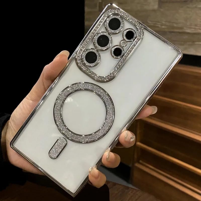 Image of for Samsung Galaxy Glitter Case,Luxury Bling Rhinestone Diamond Plated Bumper Case,MagSafe, Sparkle Camera Lens Protection Clear Back Cover (Silver, for Samsung Galaxy S24 Ultra)
