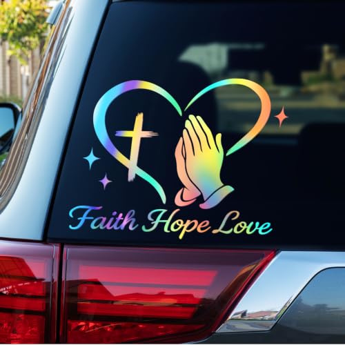 Image of Large Christian Car Decals, Faith Hope Love Praying Hands Stickers - 11 inch x 10 inch Waterproof Vinyl Sticker for Car, Truck, Window, Bumper, Laptop, Wall (Praying Hands-Holographic)