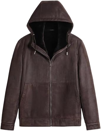 Denny&Dora Mens Spanish Merino Shearling Jacket, Genuine Sheepskin Hooded Coat, Full Shearling Winter Outerwear, Brown