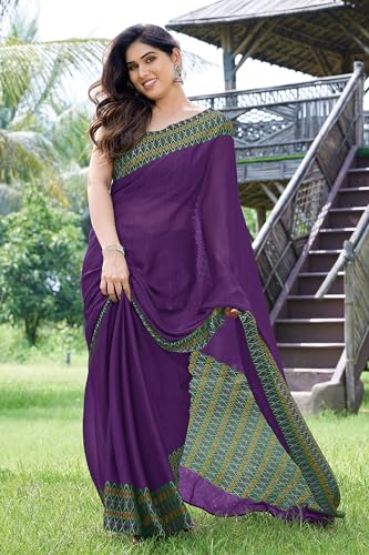 Image of MIRCHI FASHION Saree for Woman Chiffon Georgette Polka Dot Border | Plain Lightweight Women's Sari with Printed Pallu and Blouse Piece