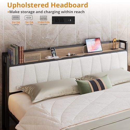 Image of LIKIMIO King Size Bed Frame with 2 Drawers and Charging Station | Platform Bed with Upholstered Storage Headboard, No Box Spring Needed, Easy Assembly, Sturdy, Wood and Cream