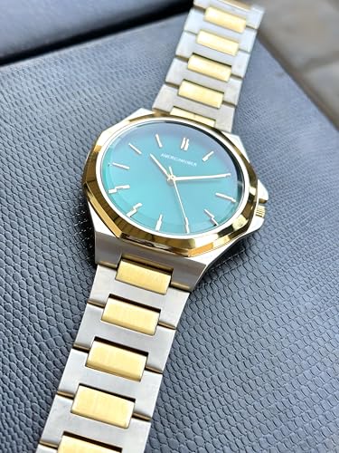 Image of AMERICANVIBER Modern Analog Watch, Silver and Black Two-Tone Stainless Steel Band, Octagonal Case, White Dial for Men