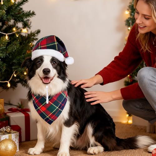 Disfraz de Navidad para perro con sombrero y bandana a cuadros miniatura 7