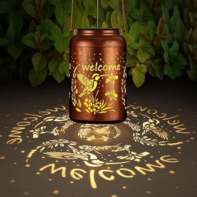 Solar Lantern Outdoor Hanging Waterproof Outside Metal Openwork Hummingbird Pattern Birthday Gifts for Women Mom Landscape Lights for Porch Garden Yard Patio Pathway Decor£¨Hummingbird£©