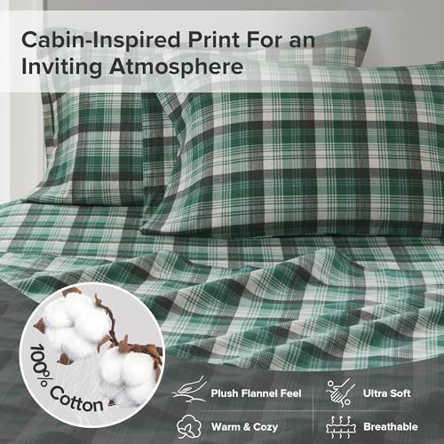 Image of Woolrich Cotton Sheet Set Cottage Charms Print, 100% Cotton Flannel Sheets Warm & Fuzzy Bedding Set Cal King Size Sheets, Fitted Pocket Fits Up to 12 inch Mattress, Cal King Green Plaid 4 Piece