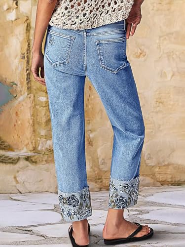Flamingals Women's Mid Rise Straight Leg Roll Hem Floral Embroidery Bohemian Denim Crop Jeans4