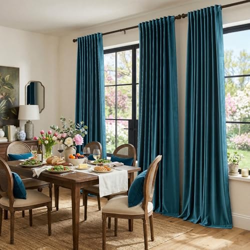 Image of Peacock Blue Velvet Curtains 84 inch Long for Living Room,Luxury 2 Panels Room Darkening Rod Pocket Back Tab Curtain Elegant Thermal Insulated Heavy Soundproof Decorative Window Drapes for Bedroom
