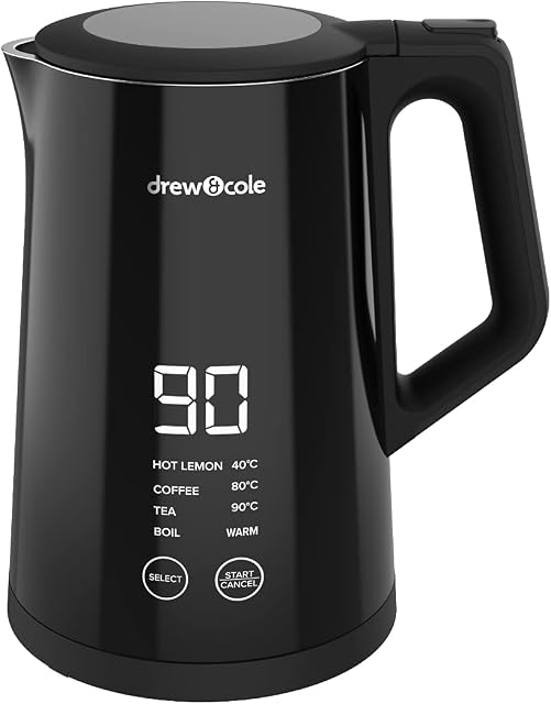 Drew&Cole Digital Kettle Pro 1.5L - Live Temperature Display - Variable Temperature Control - Energy Efficient - 4 Preset Temperatures From 40°C to 100°C - Automatic Shut Off - Black