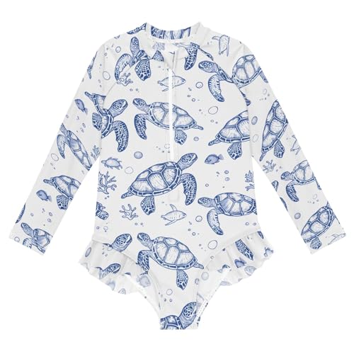 Sea Turtle Pattern Girls Long Sleeve Swimsuit Rash Guard One Piece Bathing Suits Zipper 3-12T