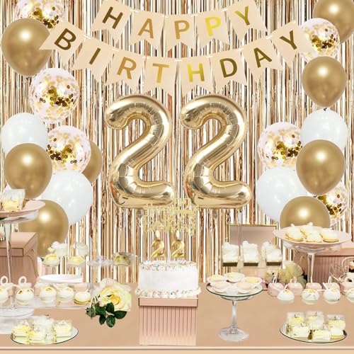 Image of Trgowaul 22nd Birthday Decorations for Her, Champagne Gold Happy 22nd Birthday Supplies for Girls, 22 Sash and Crown, Banner, Fringe Curtains, Cake Topper, 22 Year Old Party Supplies Set