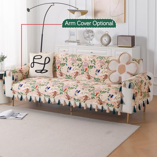 Image of HOKIPO Sofa Cover with Tassel for 3 Seater Sofa | Full Protection for Seat and Back | Printed Holland Velvet Fabric | 'Whispers of Nature' (160x175 cm), Beige Woodland Bloom (IN-1127-D4)