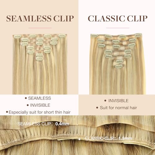 Image of GOO GOO Clip in Hair Extensions Real Human Hair, Remy Human Hair Extensions Clip ins for Women, Natural Human Hair, 22inch 110g 7Pcs, 18D /22F Dirty Blonde Highlights