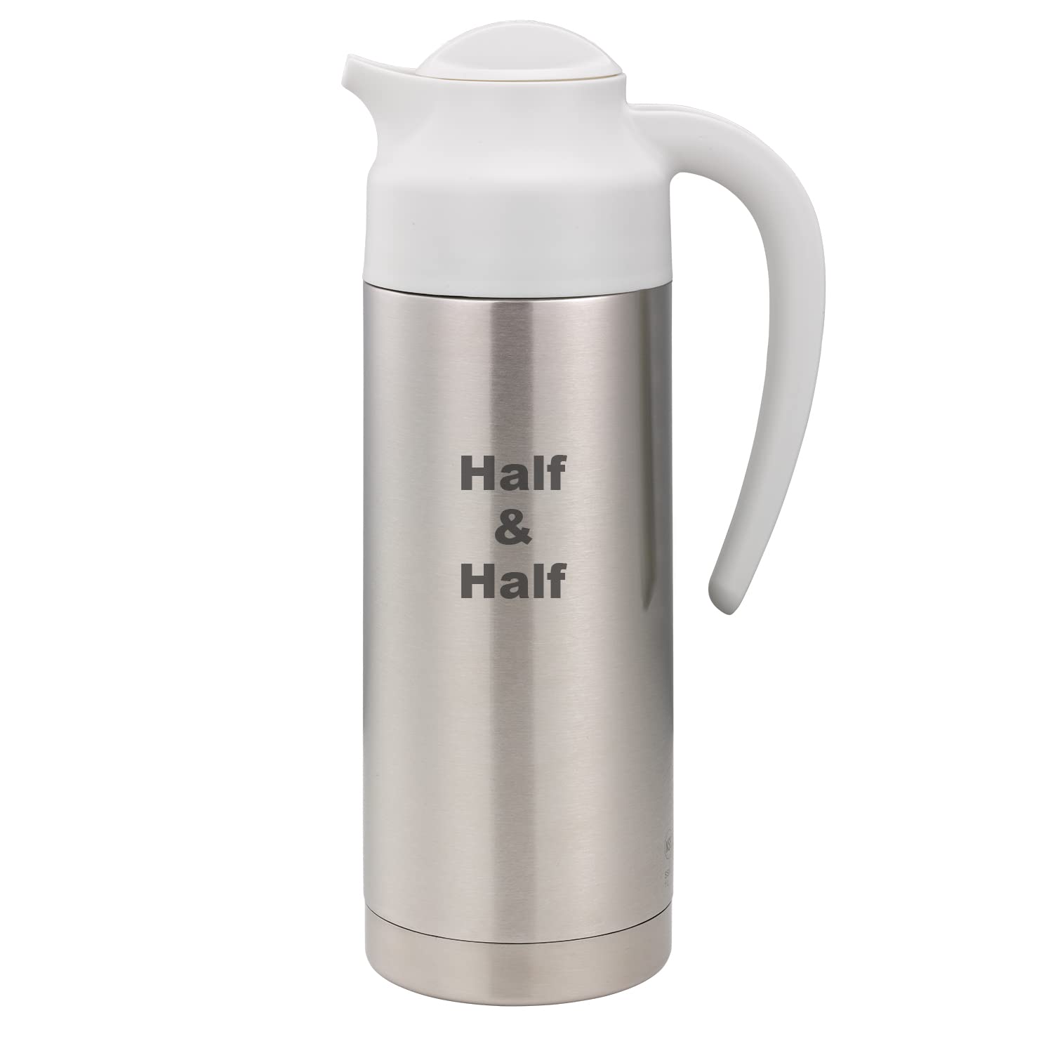 Service Ideas S2SN100HHETWHT SteelVac Creamer Steel Base, Etched Half & Half, Vacuum Insulated Carafe, Stainless Vacuum, 1 Liter, 33.8 Ounces Brushed
