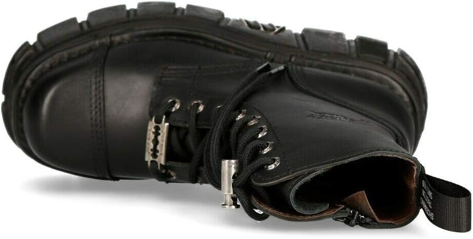 New Rock M-NEWMILI083-S21 Women's Metallic Combat Boots Black Leather Military Biker Goth Punk Shoes