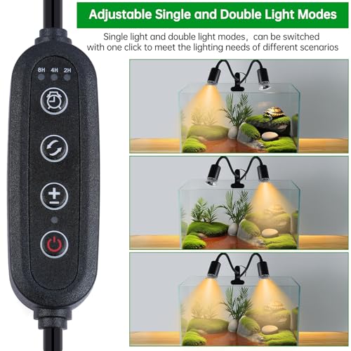 Image of LUCKY HERP Reptile Heat Lamp, Dual Head UVA UVB Reptile Light with Cycle Timer, 360Rotatable Dimmable Aquarium Turtle Tank Basking Light with 4 Bulbs (2PCS 25W and 2PCS 50W)