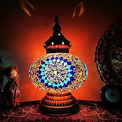 Lampara Arabe Azul AIBOTY Lámpara de Mesa Bohemia turca Retro Hecho a Mano Mosaico marroquí lámpara de Escritorio de Cristal Azul decoración árabe lámpara de mesita de Noche para cafetería, Bar, Dormitorio, Cantina