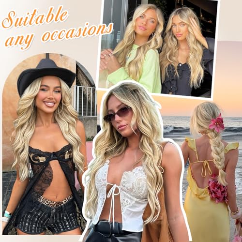 ALXNAN Clip in Long Wavy Synthetic Hair Extension 20 Inch Beach Blonde 4PCS Thick Hairpieces Fiber Double Weft Hair for Women