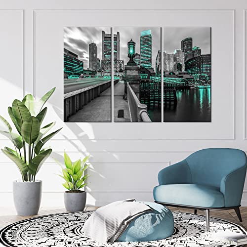 Conipit Boston City Wall Art Black White Teal City Painting Boston Skyline Art Massachusetts Cityscape Arwork Teal Urban Painting Riverside Cityscape Prints Framed Wall Decor 48''X32'' #TOP3