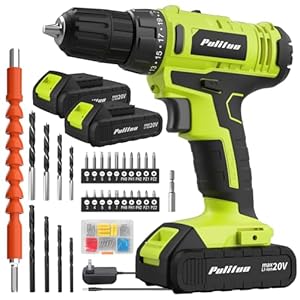 PULITUO 20V Cordless Drill/Driver, 2 Batteries Electric Screwdriver, 30Nm Power Drill Driver, 21+1 Torque, 2 Speed, 3/8″Keyless Chuck, power Drill with LED Light, Drill Driver Kit for Home (Green)